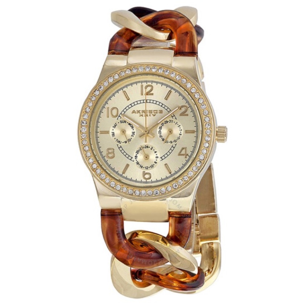 Akribos XXIV GMT Multi-Function Tortoise Resin and Gold-Tone Ladies Watch